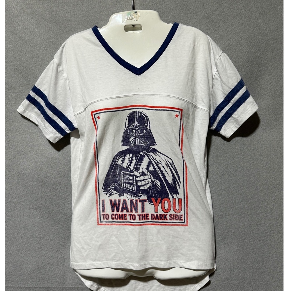 Star Wars Darth Vader Graphic T-Shirt V-Neck White Blue Stripes Medium